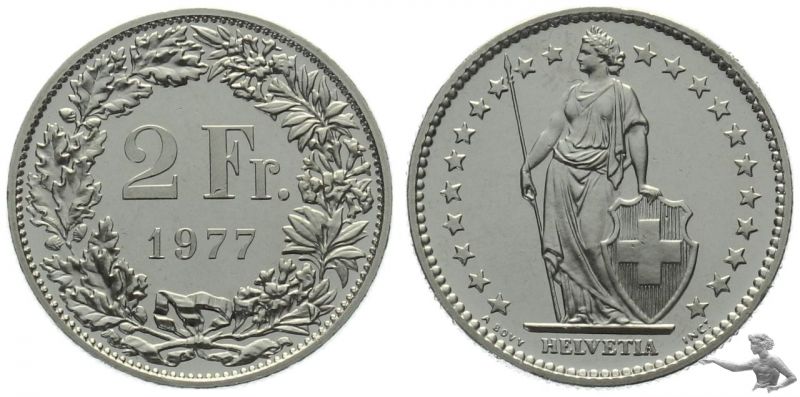 2 Franken 1977 | Prachtstück aus Kursmünzensatz !!!